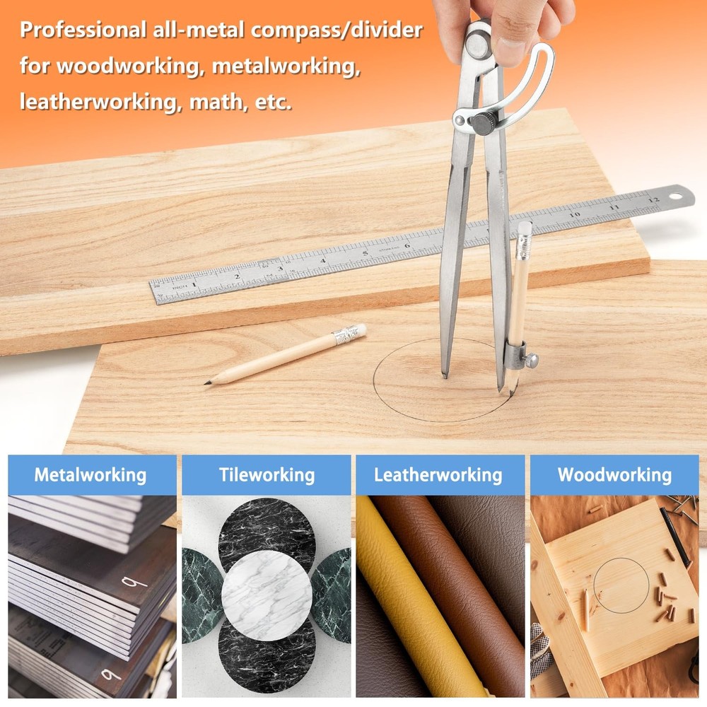 WORKLION Woodworking Compass Geometry Tool - Professional 12 Inch, Silvery