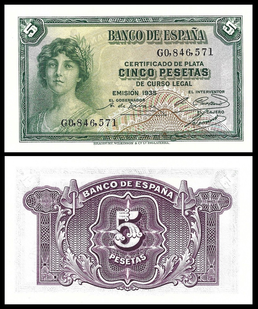 SPAIN 5 PESETAS 1935 P 85 UNC