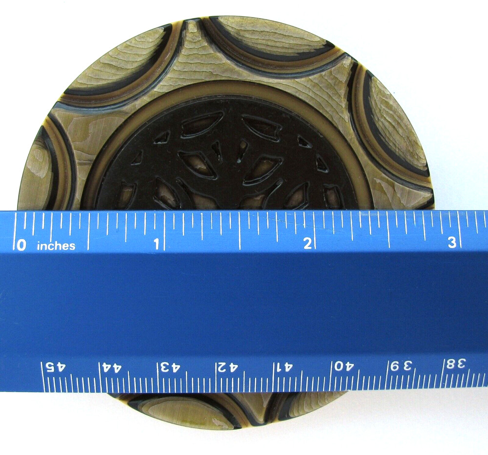 Extra Large Celluloid Wafer Button Laminated Layered Carved with Ornate Pattern