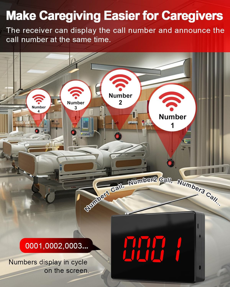 Wireless Calling System Caregiver Call Button Patient Call Bell with 10 Waterpro