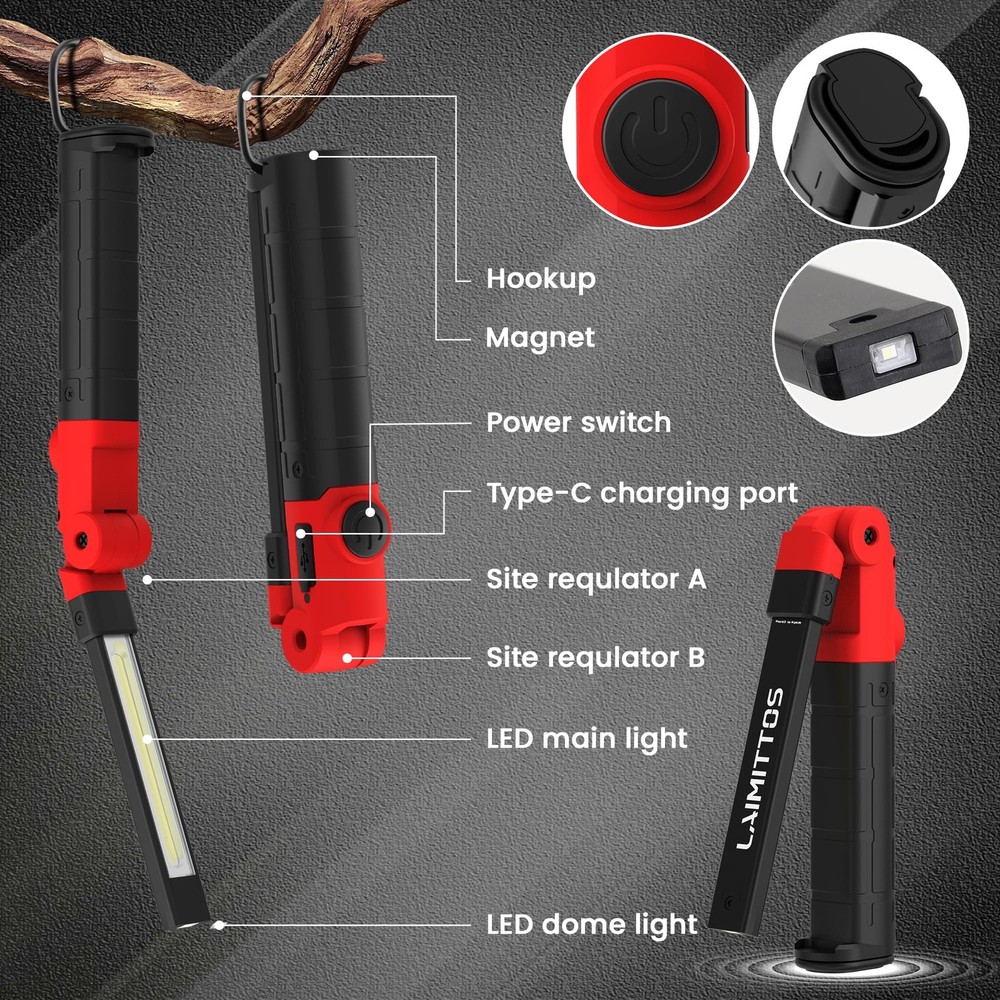 Rechargeable LED Work Light Magnetic Foldable Flashlight with Hook 3 Modes