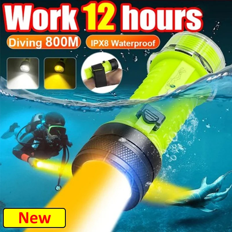 Professional Diving Flashlight Rechargeable Underwater Torch White&Yellow Light