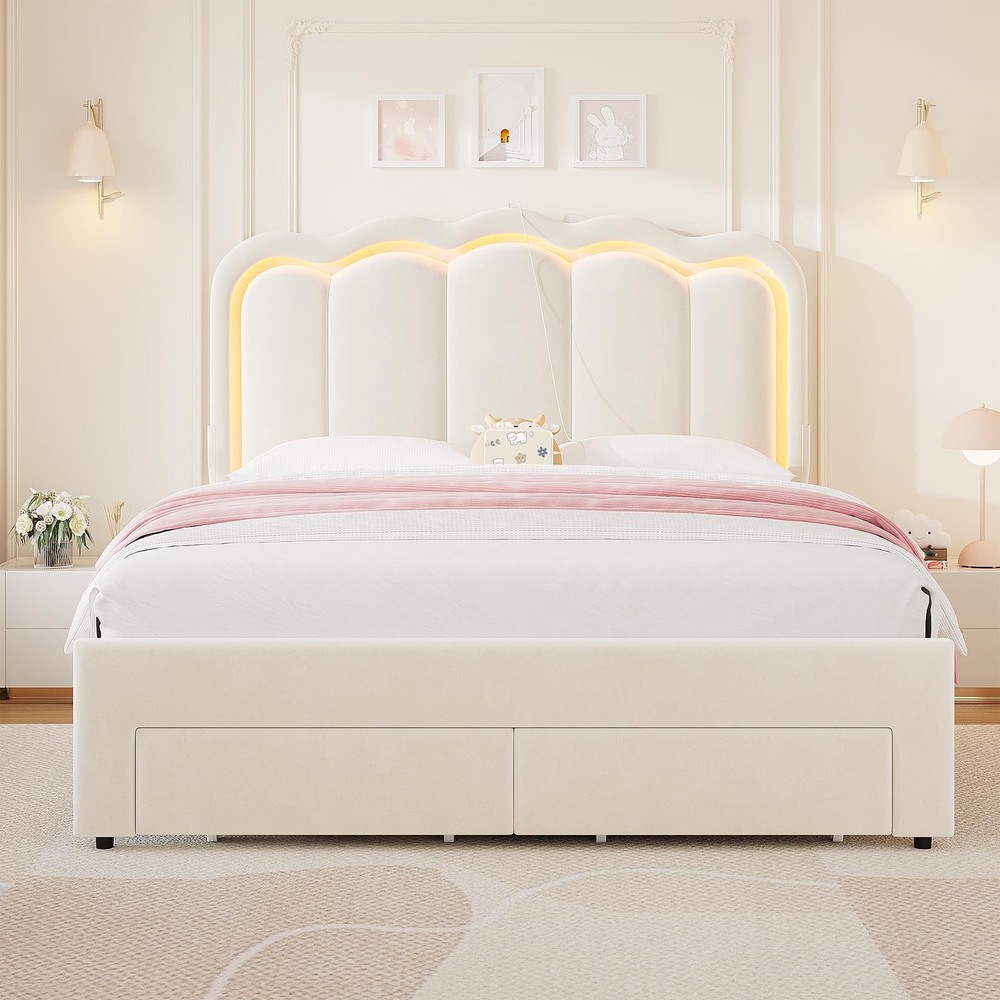 Full Upholstered LED Bed Frame with 2 Storage Drawers and Adjustable Chic Dou...