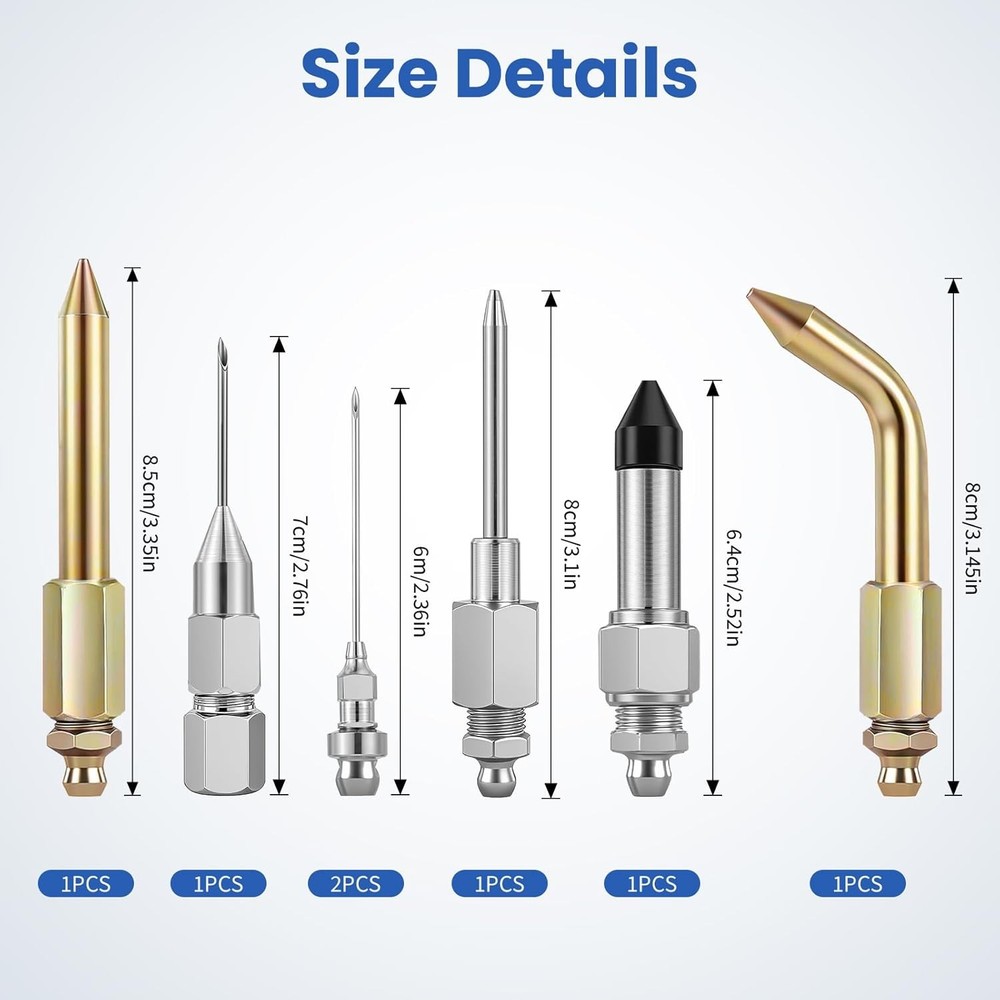 7PCS Grease Gun Needle Tip Kit, Mini Nozzles & Adapters for Tight Spaces