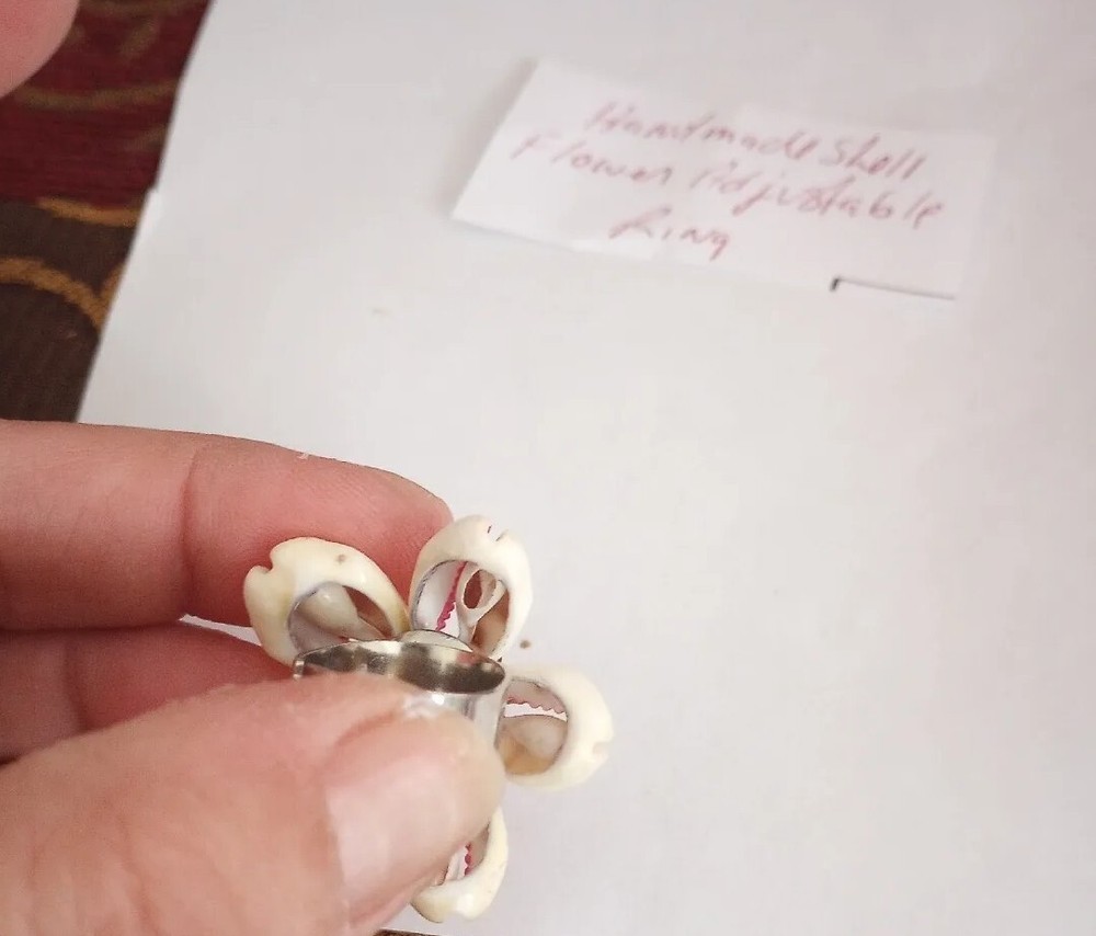 Hand Made Shell Flower White ,Pink, Brown Silver Tone Adjustable Ring