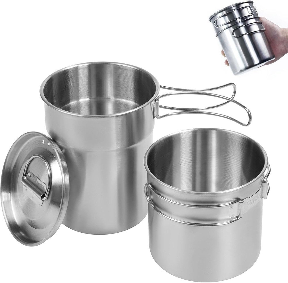 Foldable Stainless Steel Camping Cups Set - Lightweight 2-Piece Pot Cookware