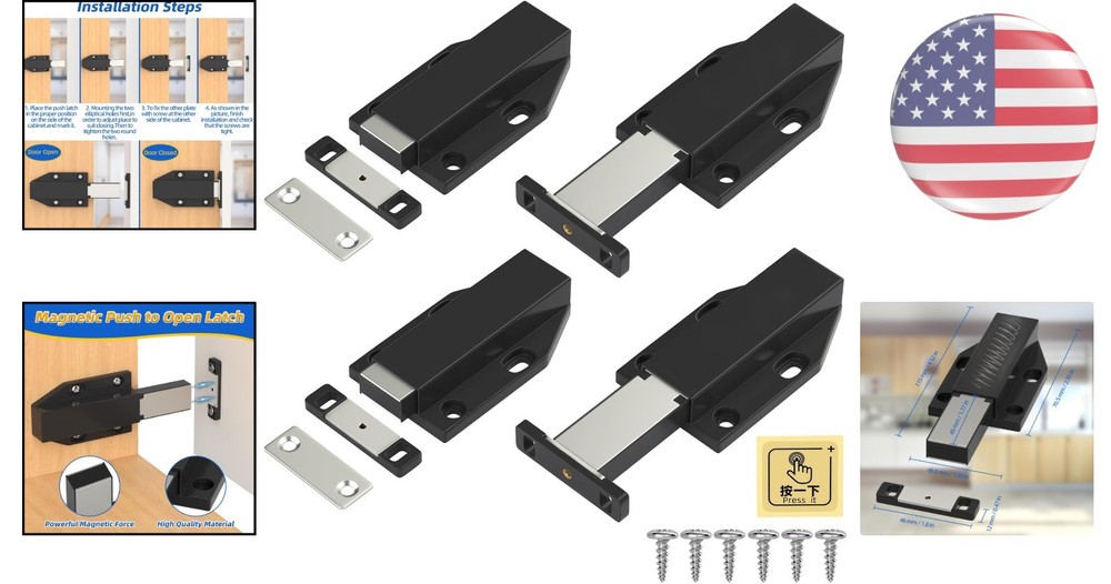 Easy Install Magnetic Push Latches – 4 Pack for Cabinet & Drawer Versatility