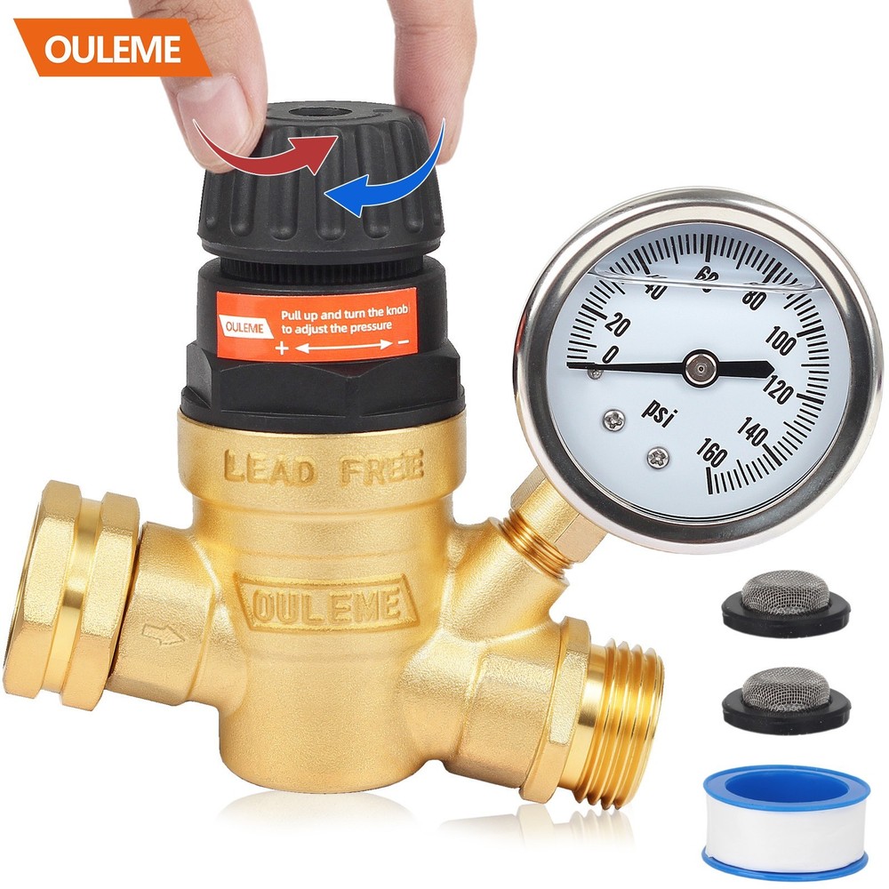 OULEME Adjustable RV Water Pressure Regulator Valve with Gauge & Filters, 3/4"