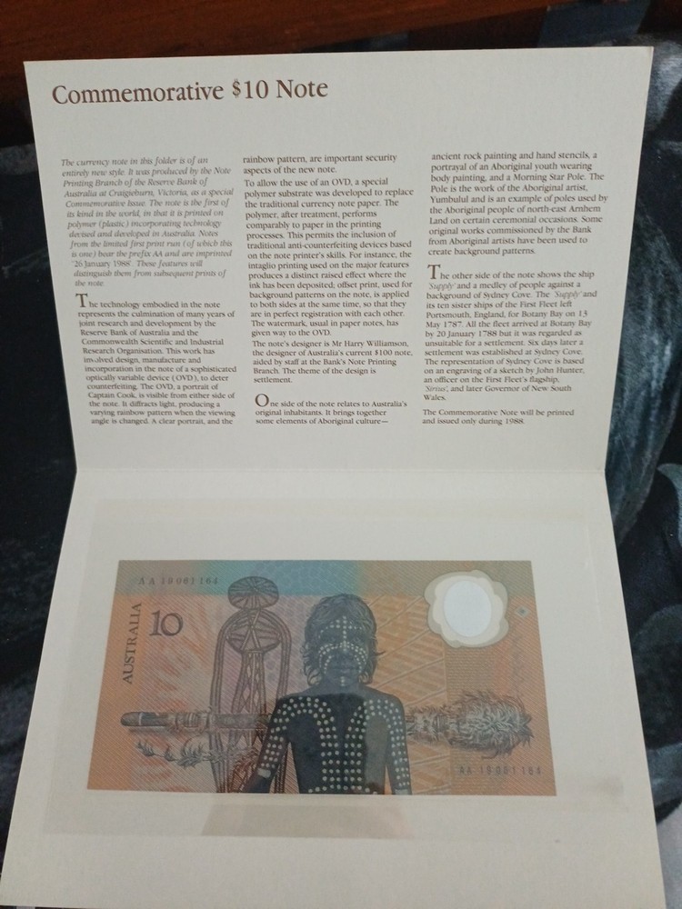 1988 First Polymer Commemorative $10 Note in Folder First Prefix AA