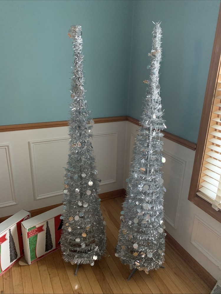 2-5ft Pop up Christmas Tinsel Tree with Stand Easy-Assembly Tinsel Silver