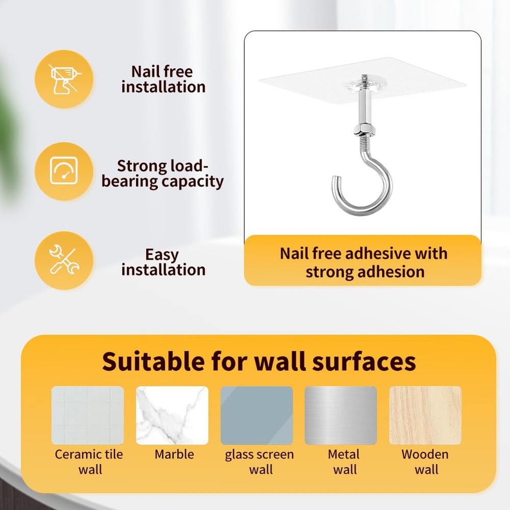 4 Pack Adhesive Ceiling Hooks, 30lbs Heavy Duty Ceiling Hooks for Hanging Pla...