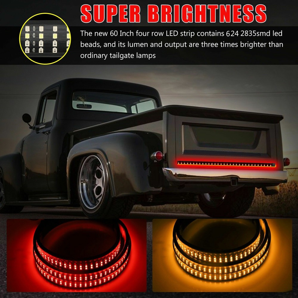 For Chevy Silverado LED Tailgate Light Bar 60" Triple Row 4 Row 6-Function Strip