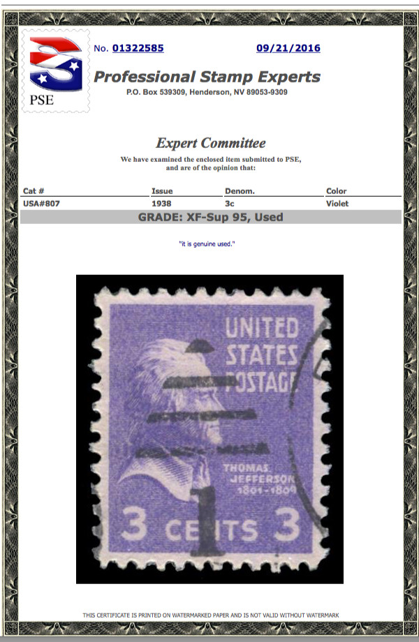 #807 Used, PSE Graded 95, Cert # 01322585