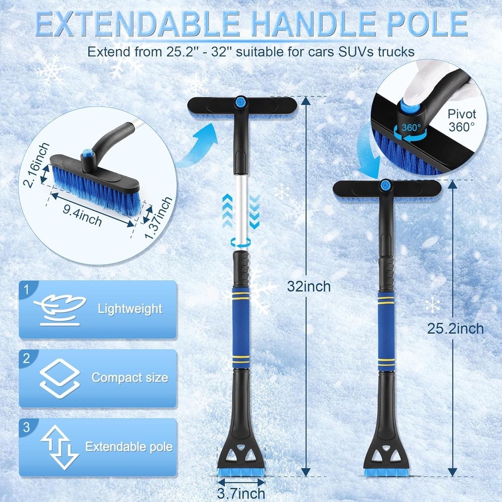 Extendable 32" Snow Brush & Ice Scraper for Car Windshields