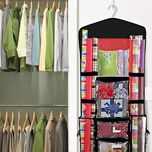 Hanging Double Sided Wrapping Paper Storage Organizer With Multiple Black