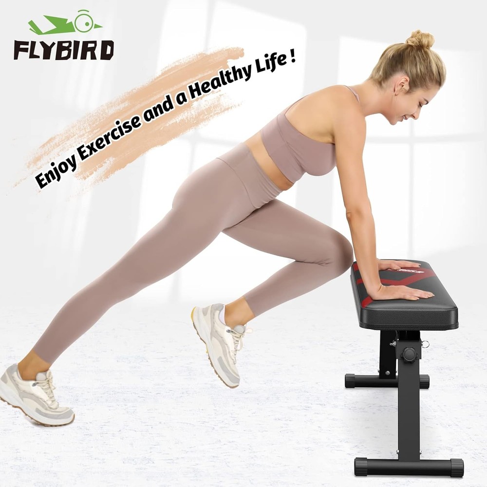 FLYBIRD Flat Bench, Foldable Weight Bench Easy Assembly for A-Red