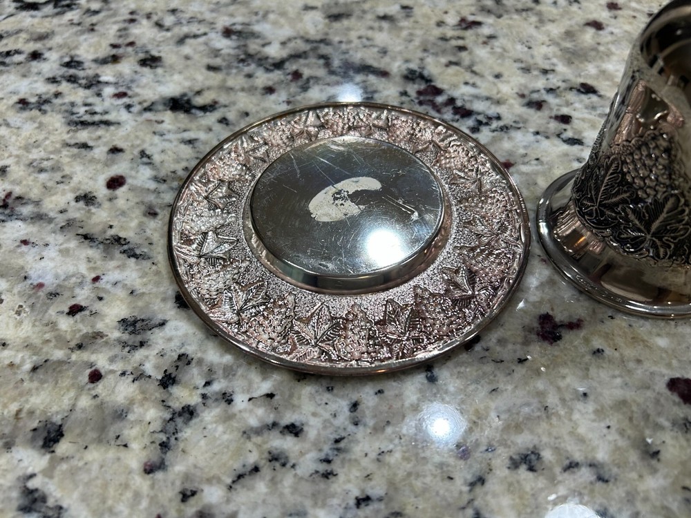 Karshi Jerusalem Kiddush Silver-Tone Cup And Tray Embossed Grape Leaf Design
