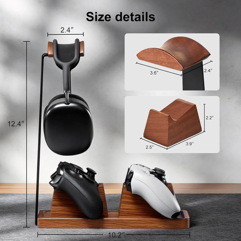 Headset Stand with 2 Controller Holders - Solid Wood & Metal Gaming Headphone Ho