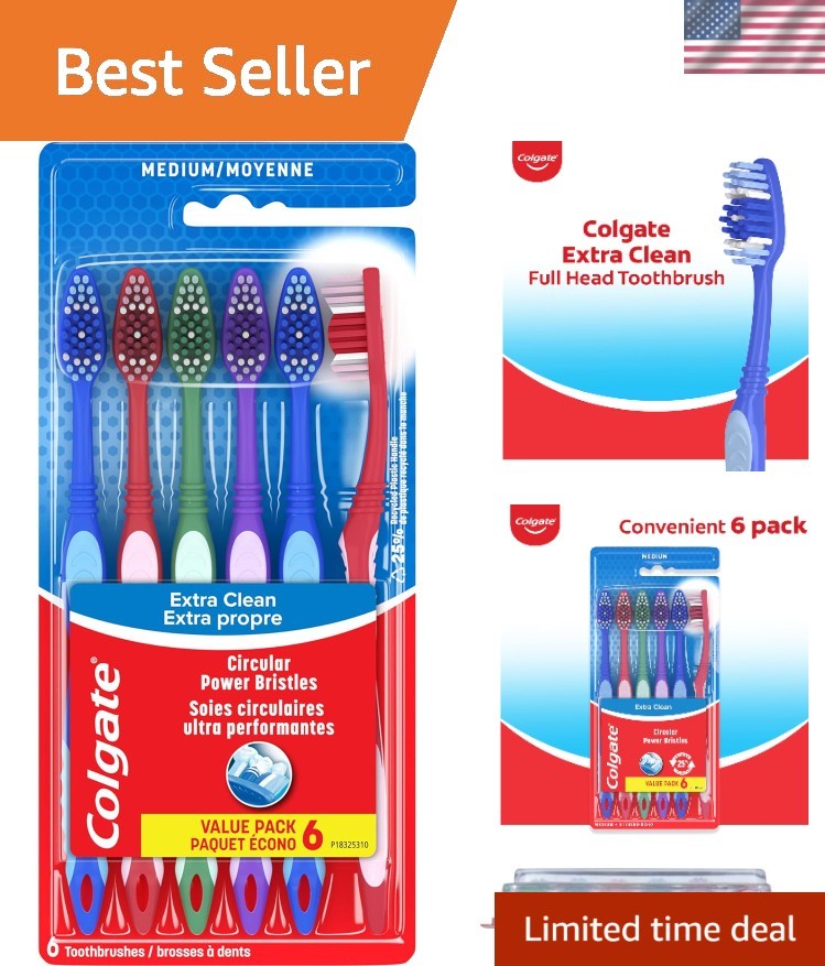 Colgate Extra Clean 6-Pack Medium Toothbrushes with Tongue Scraper – Multi-Color