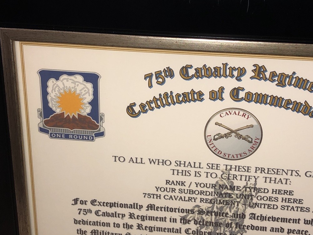 75TH U.S. CAVALRY REGIMENT / COMMEMORATIVE - CERTIFICATE OF COMMENDATION