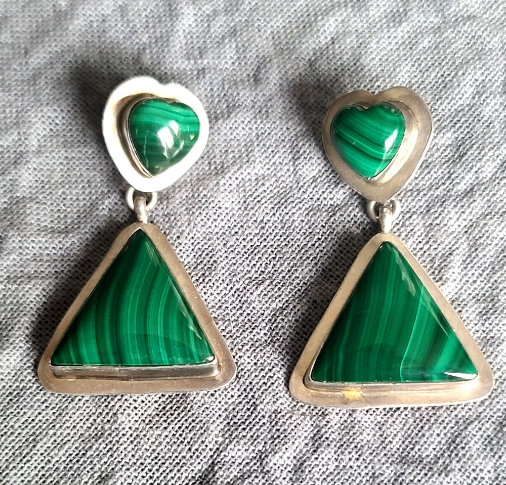Signed Albert Platera Dangle Malachite Heart & Triangle Sterling Silver Earrings