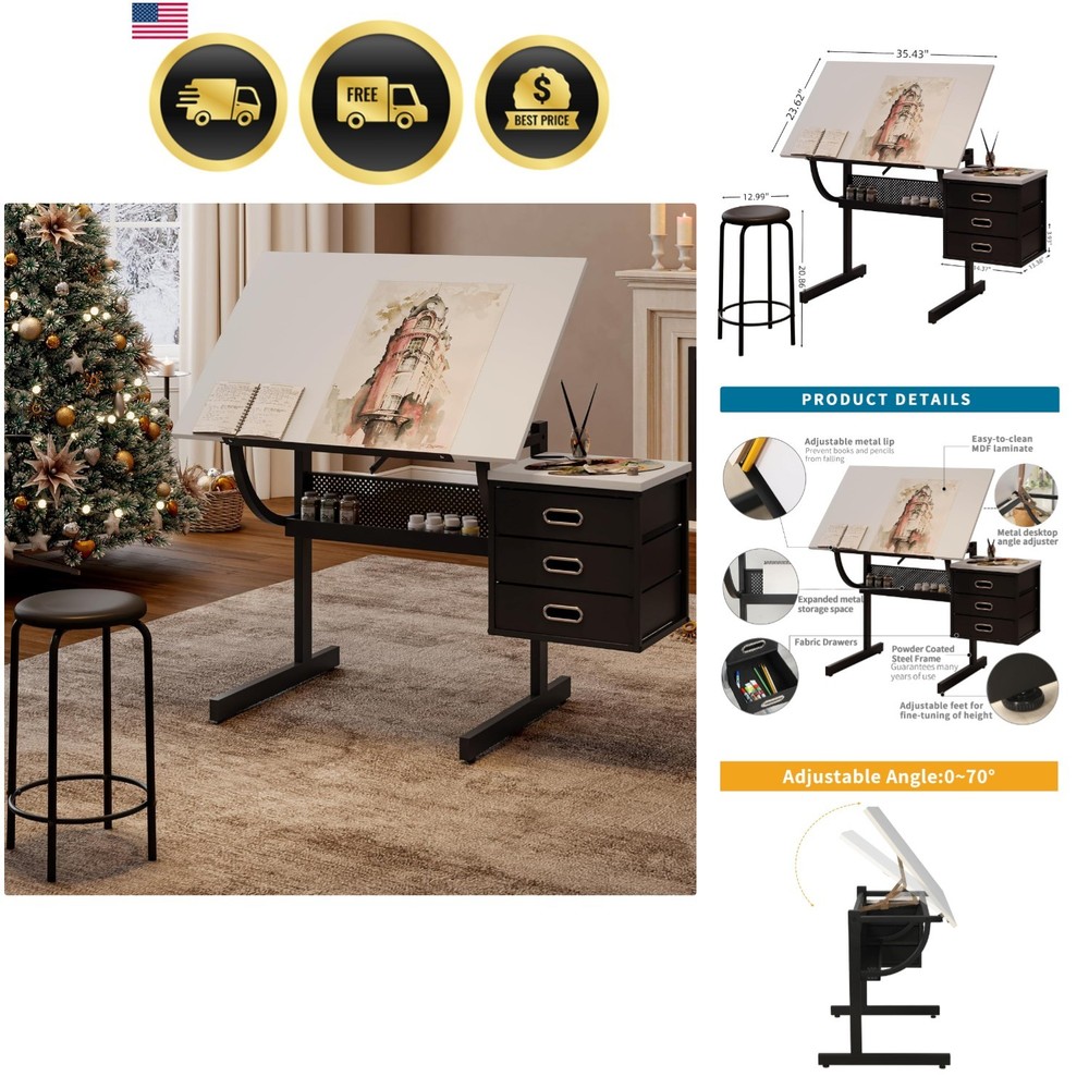 Adjustable Drafting Table with Stool & Storage Art Desk for Drawing Crafting
