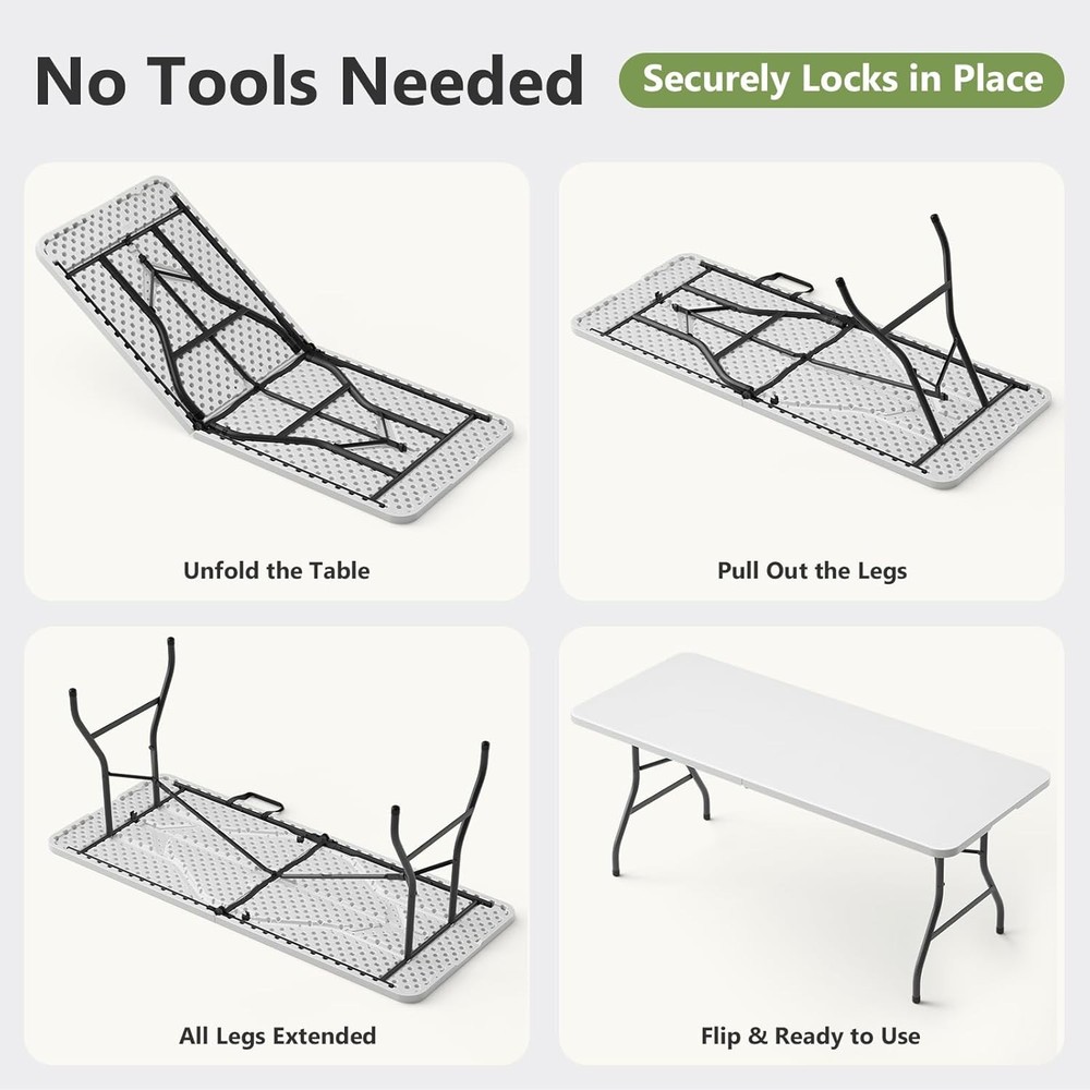 Folding Table, 6 FT Foldable Plastic Table with Carrying Handle