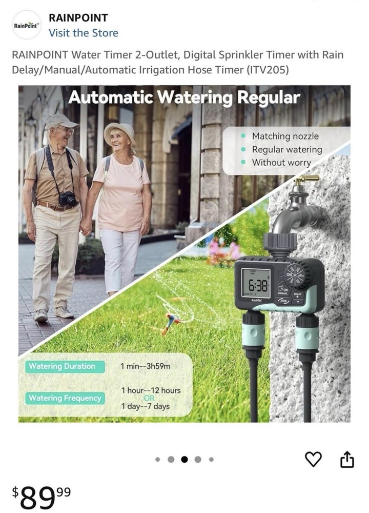 New RainPoint Programmable 2 Zone Water Timer - Model Number ITV205