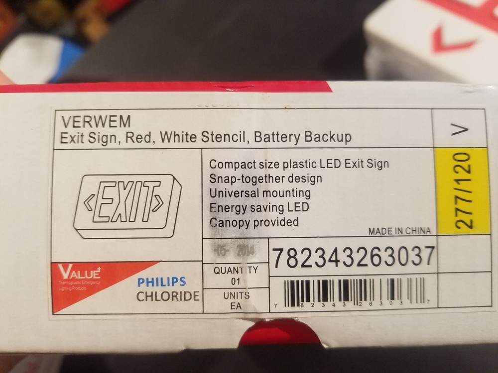 NEW IN BOX PHILIPS CHLORIDE VERWEM LED EXIT SIGN RED WHITE STENCIL BATTERY BACKU