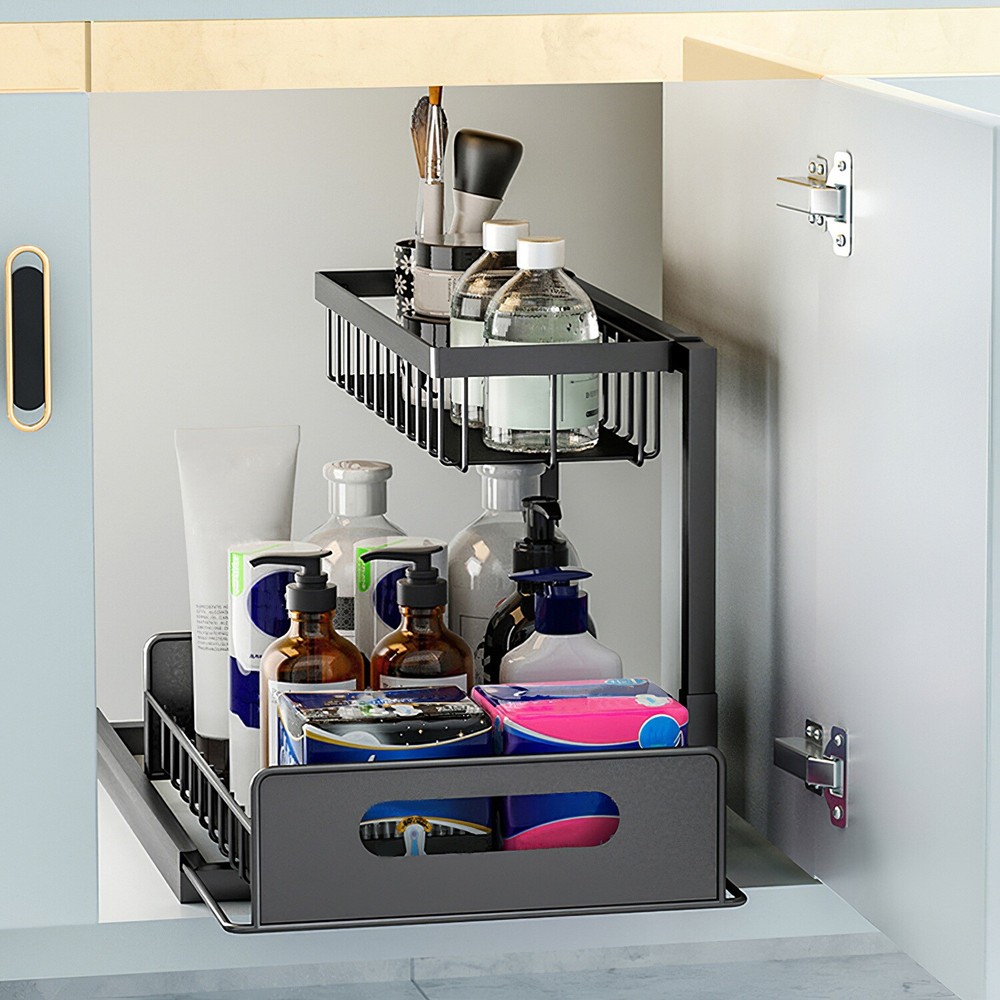 2 Tier Under Sink Organizer Sliding Storage Drawer for Kitchen Bathroom Cabinet