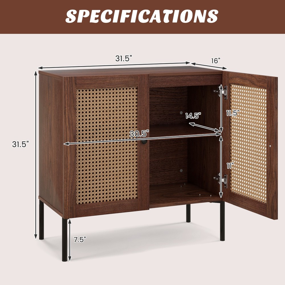 Rattan Buffet Sideboard Wine Cabinet Cupboard w/ Adjustable Shelf Walnut
