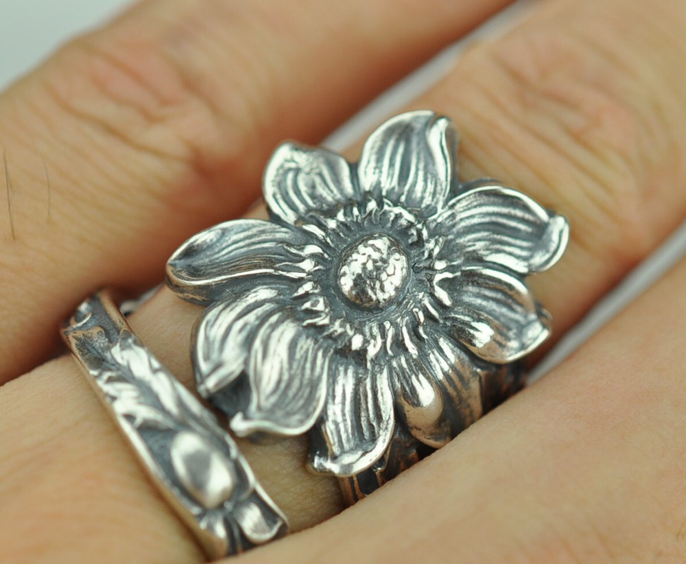 Solid 925 Sterling Silver Large Daisy Flower Floral Adjustable Spoon Ring