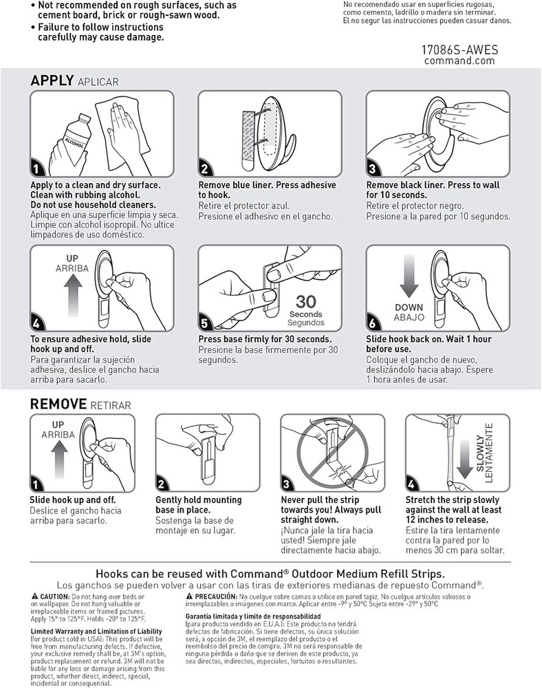 Command Outdoor Terrace Hooks, 2 Hooks and 4 2 & 4 Strips, Black