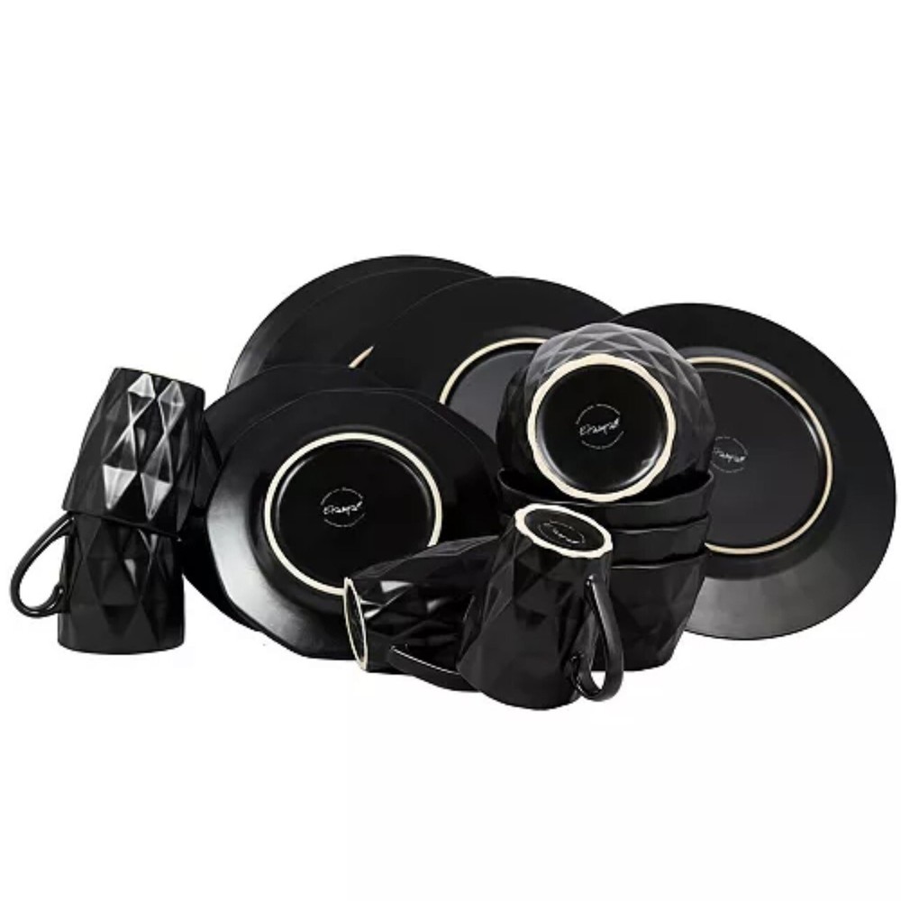 Elama Retro Chic 16 pc Glazed Stoneware Dinnerware Set in Black