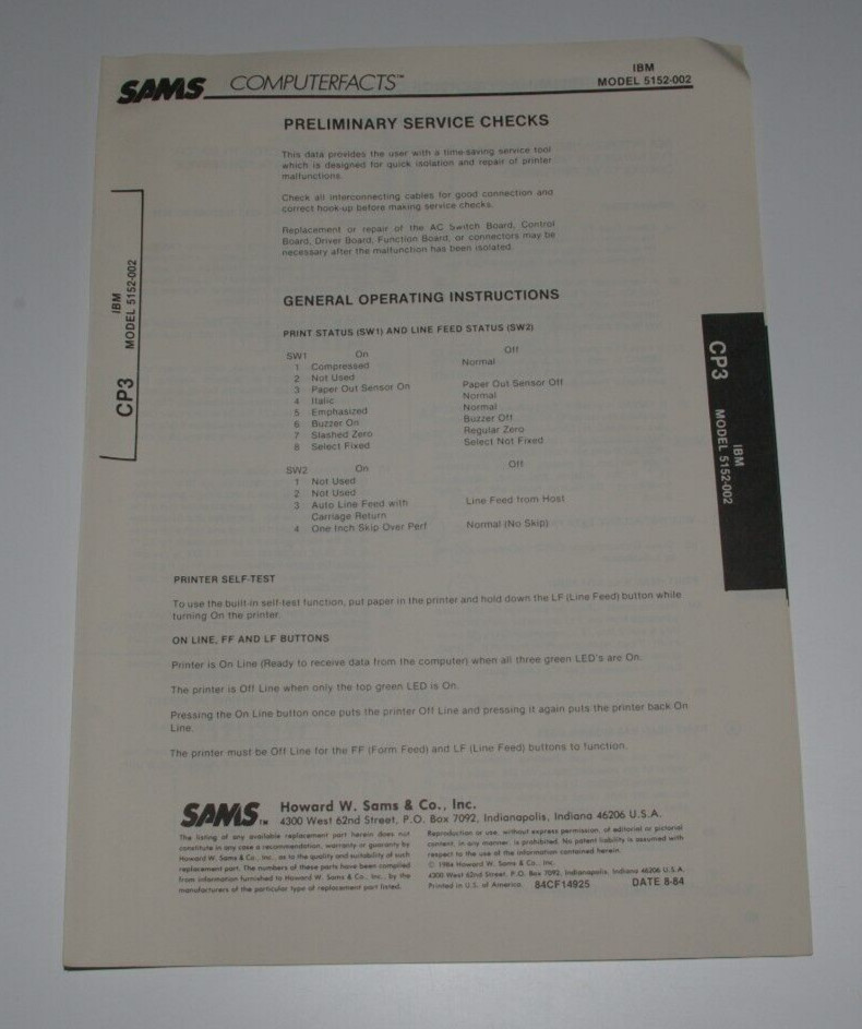 SAMS Computer Facts CP3 IBM Printer Model 5152-002 Technical Service Data