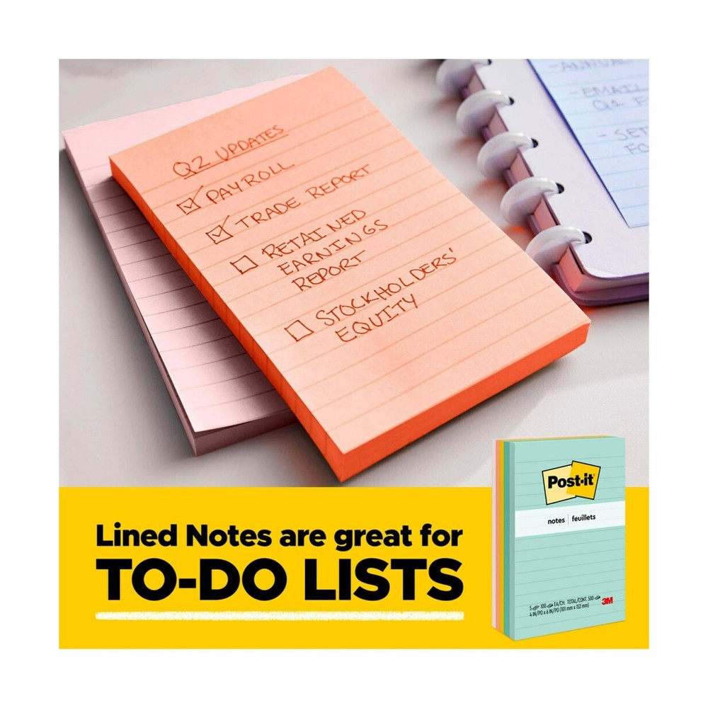 Post-it Notes, 3 in x 5 in, 5 Lined Sticky Notes Pads, 100 Sheets per Pad, Fl...