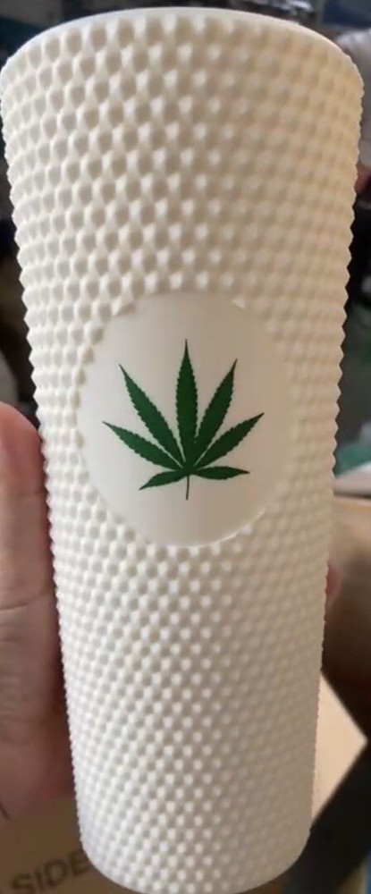 24oz White matte studded tumbler with Marijuana leaf.