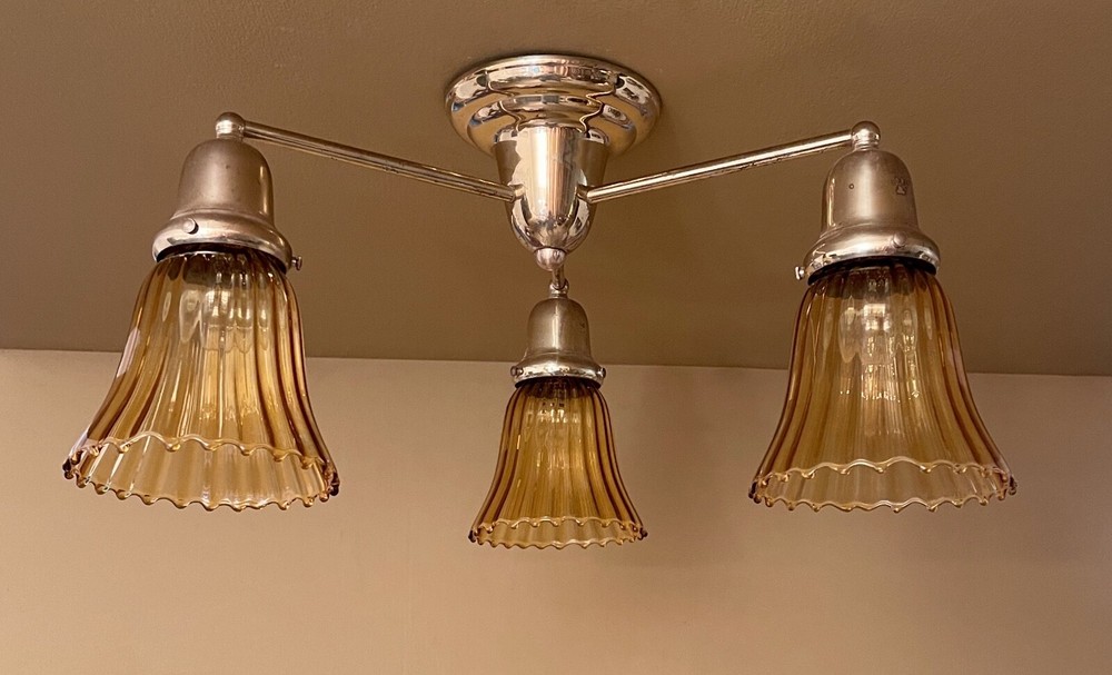 VERY LOW brass ceiling light with Amber Shades