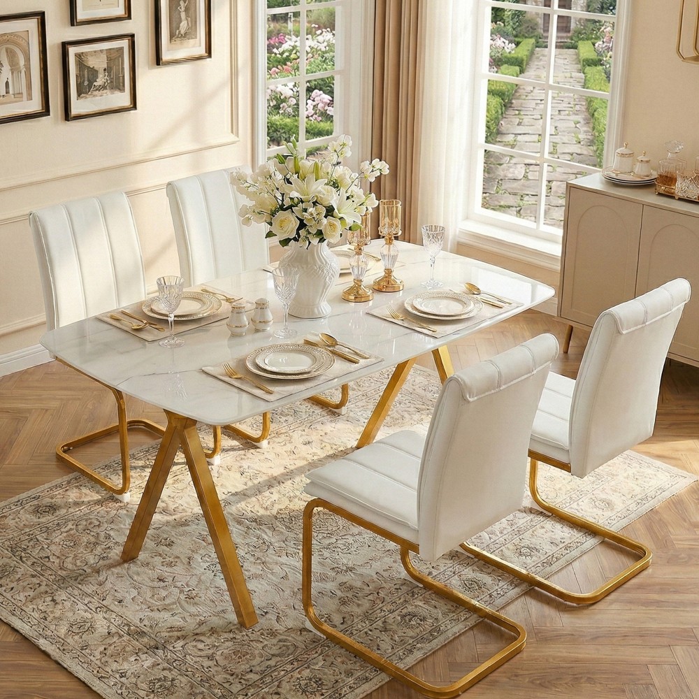 Rectangular dining table featuring a tempered glass tabletop a marble-patterne