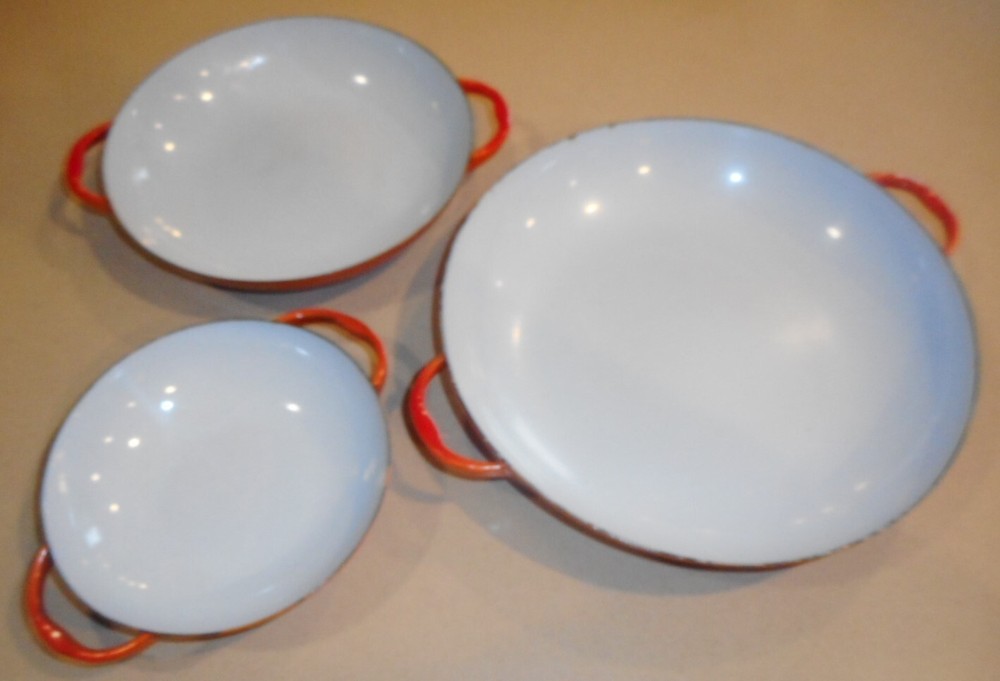 Sauté Pans Orange & White Enamel Set 3 Nesting