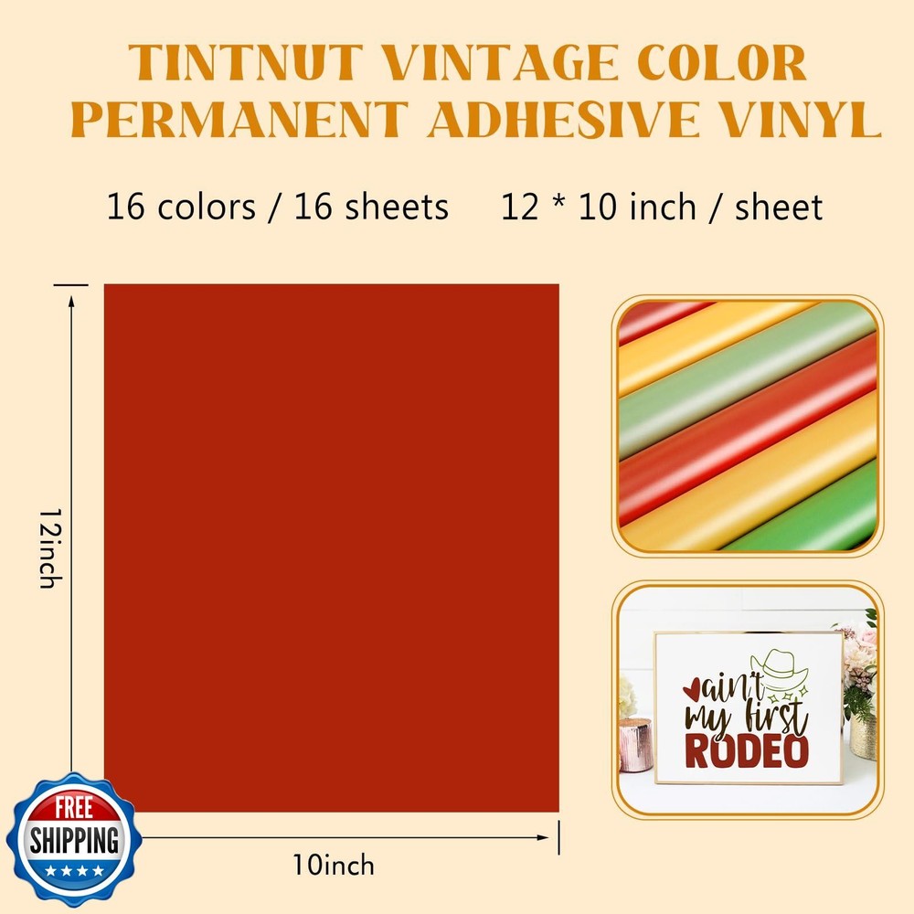 Tintnut Solid Color Permanent Adhesive Vinyl - 16 Sheets 12"x10" Multicolored