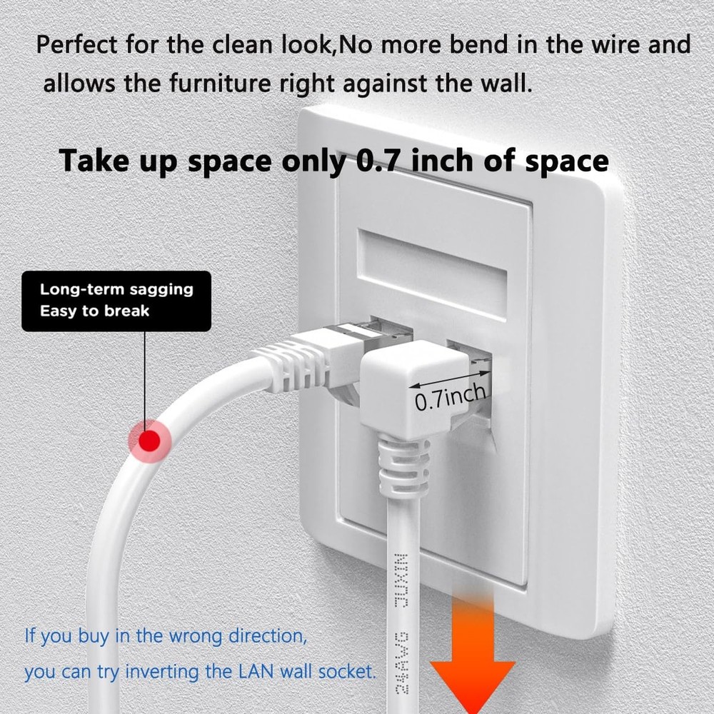 JUXINICE Cat6 Ethernet Cable - White, 90 Degree Right Angle, 10FT, UP Angle