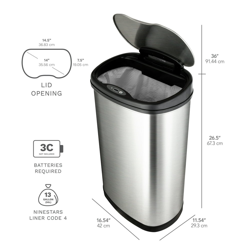 Nine Stars Motion Sensor Automatic Kitchen Trash Can, 13-Gallon Stainless Steel