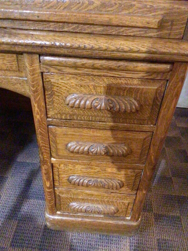Antique Oak Roll top S Curve Desk Raised Panel Sides
