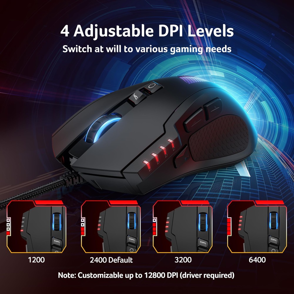 Wired Gaming , 12,800 DPI RGB Ergonomic Computer with Optical , 8 Programmabl...