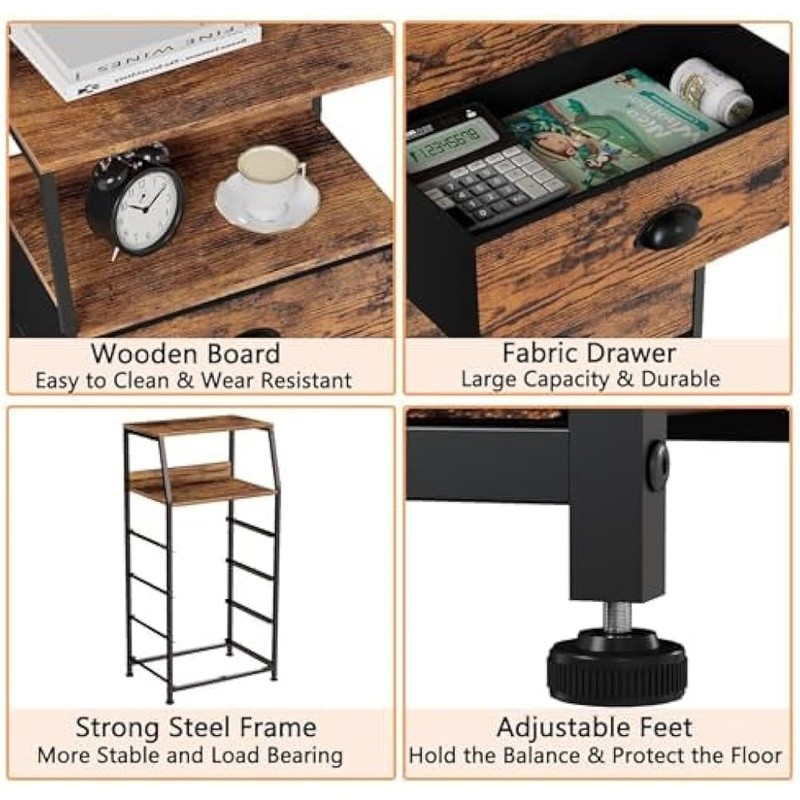 Multi-Functional Nightstand Storage Table W/ Double Layer Shelf & Fabric Drawers