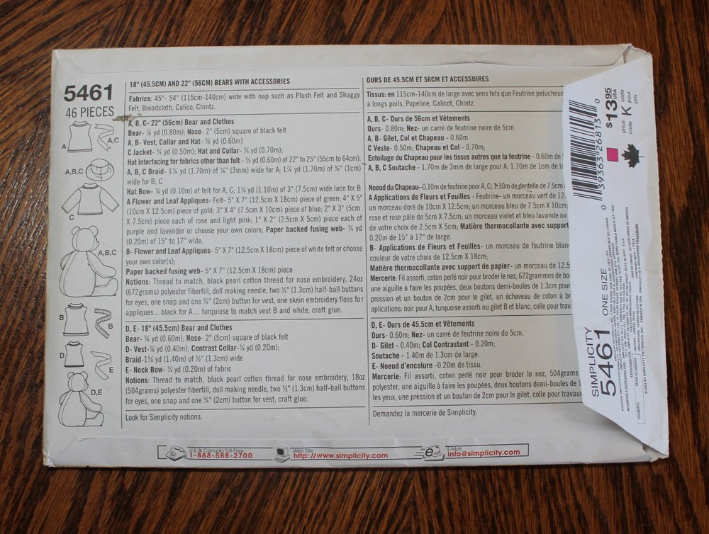 Simplicity 5461 Crafts Elaine Heigl Teddy Bear Pattern, UNCUT