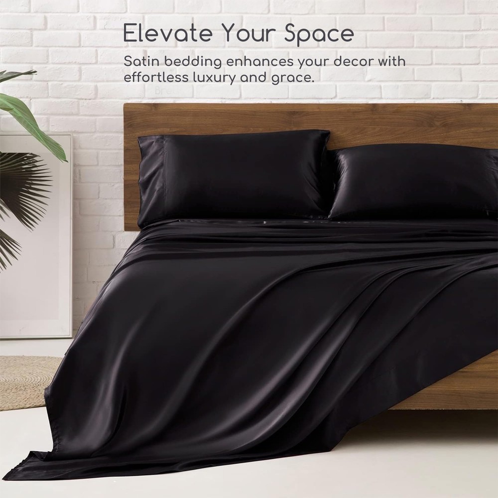 Queen Satin Bed Sheets Set - 4 Pcs Silky Bedding with Deep Pocket Straps