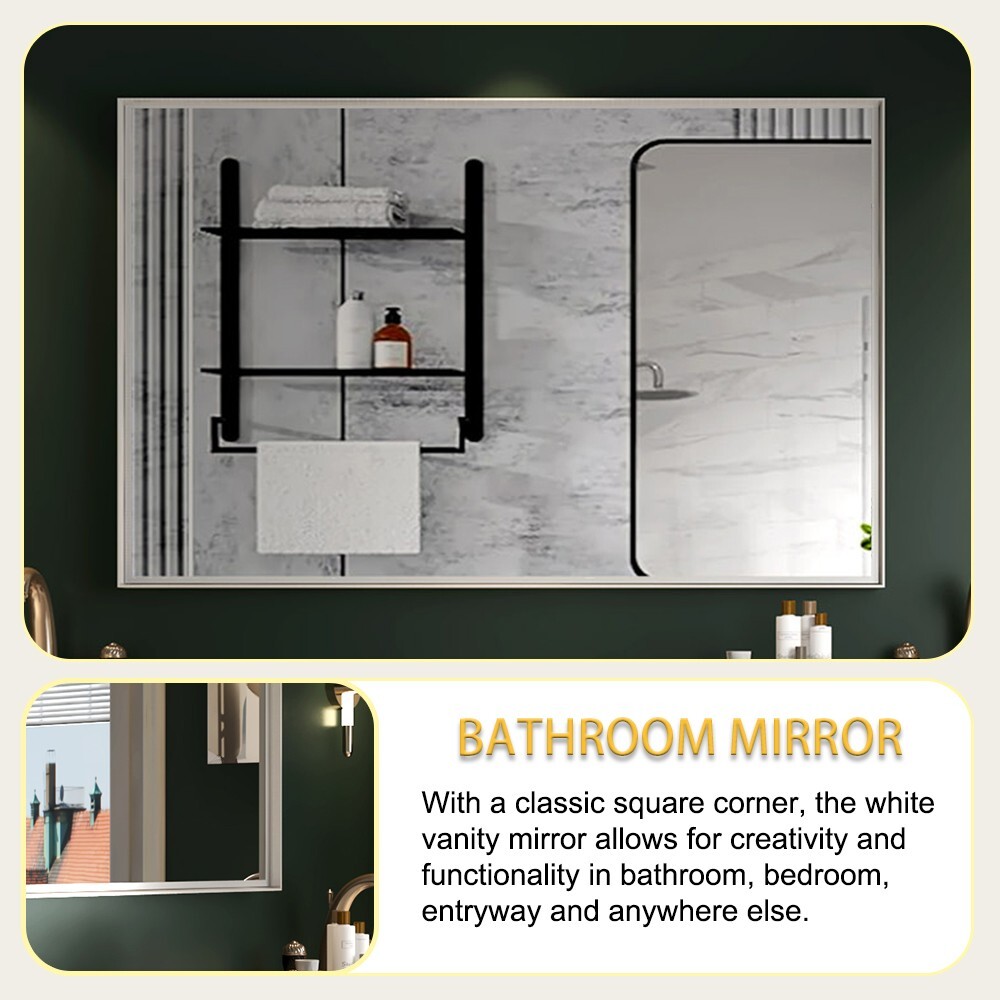 40x30 Inch Glossy White Rectangular Wall-Mounted Bathroom Mirror with Beveled