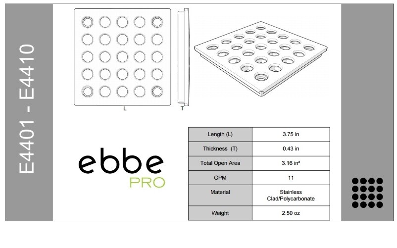 Ebbe Pro Series Square Drain Grate - Brushed Nickel
